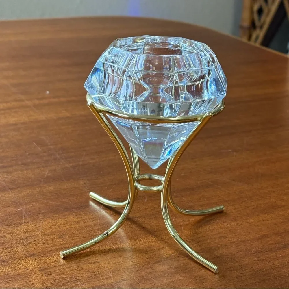 PARTYLITE Diamond Solitaire Shaped 24% Lead Crystal Candle Holder Gold Stand - Picture 2 of 10